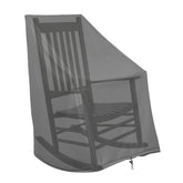 A dark gray outdoor cover designed for a rocking chair, shown draped over a wooden rocking chair against a plain white background. 