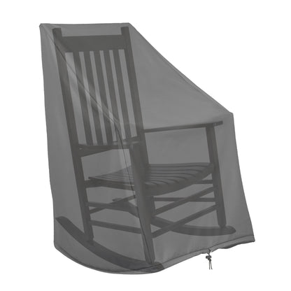 A dark gray outdoor cover designed for a rocking chair, shown draped over a wooden rocking chair against a plain white background. 
