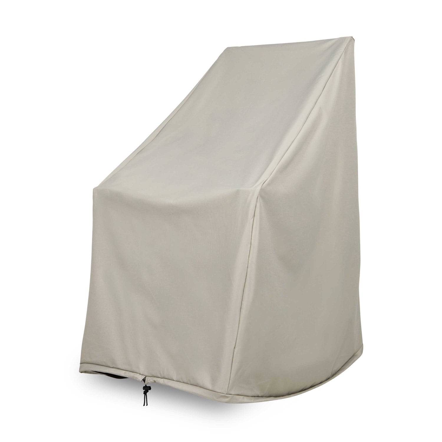 A light gray patio furniture cover shown on a white background, shaped to fit a chair or small bench and featuring a small black zipper pull at the bottom. 