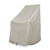 A light gray patio furniture cover shown on a white background, shaped to fit a chair or small bench and featuring a small black zipper pull at the bottom. 