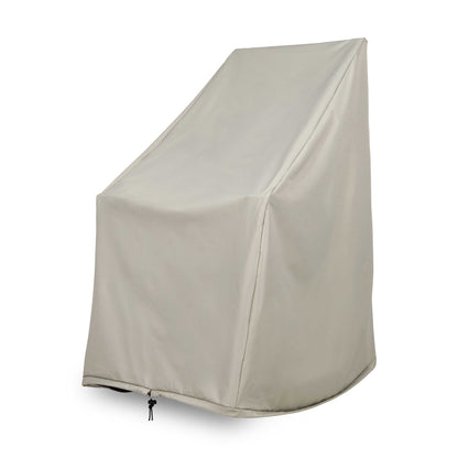 A light gray patio furniture cover shown on a white background, shaped to fit a chair or small bench and featuring a small black zipper pull at the bottom. 