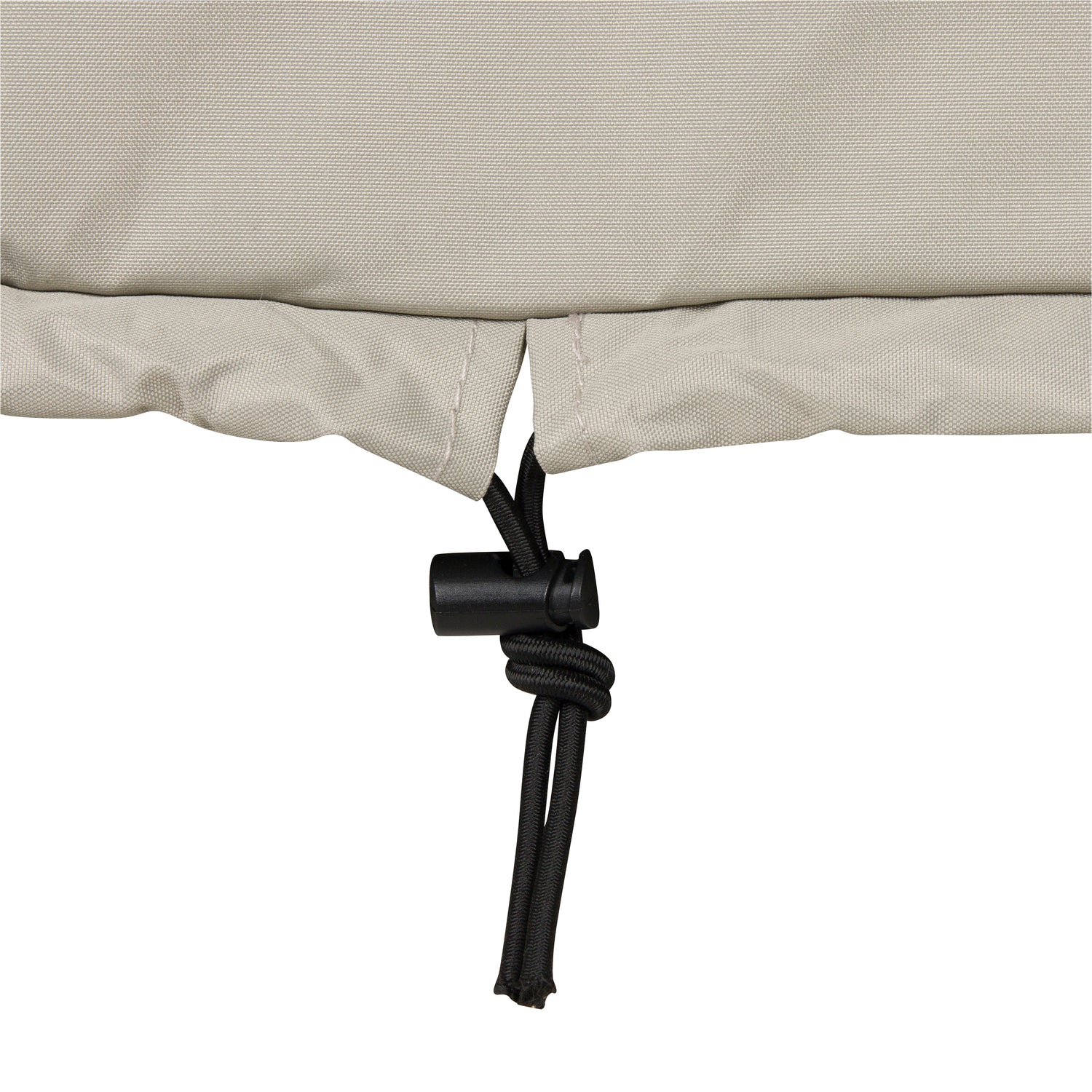 Close-up of gray fabric with a black cord and knot on a white background 