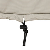 Close-up of gray fabric with a black cord and knot on a white background 