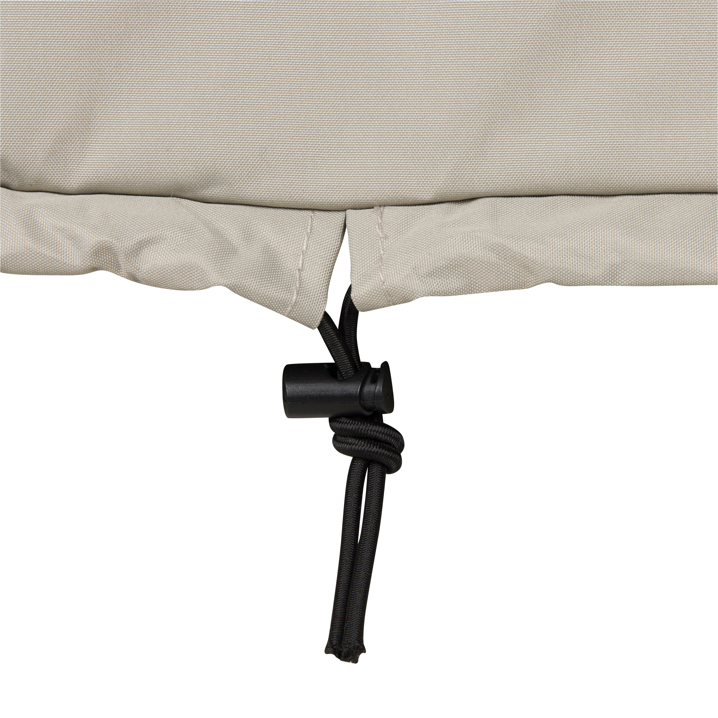 Close-up of gray fabric with a black cord and knot on a white background 