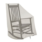 A semi-transparent light gray porch cover draped over a black wooden rocking chair, shown against a plain white background. 