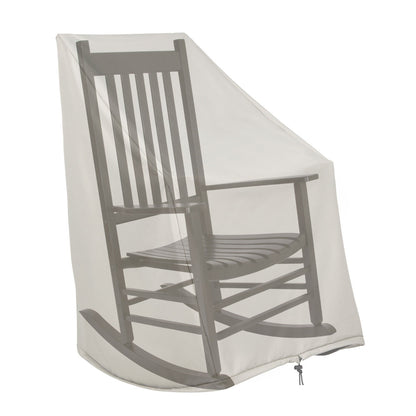 A semi-transparent light gray porch cover draped over a black wooden rocking chair, shown against a plain white background. 