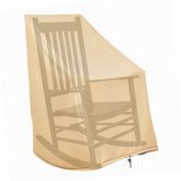 A beige patio cover with a curved bottom and drawstring zipper, shown draped over a wooden rocking chair against a white background. 