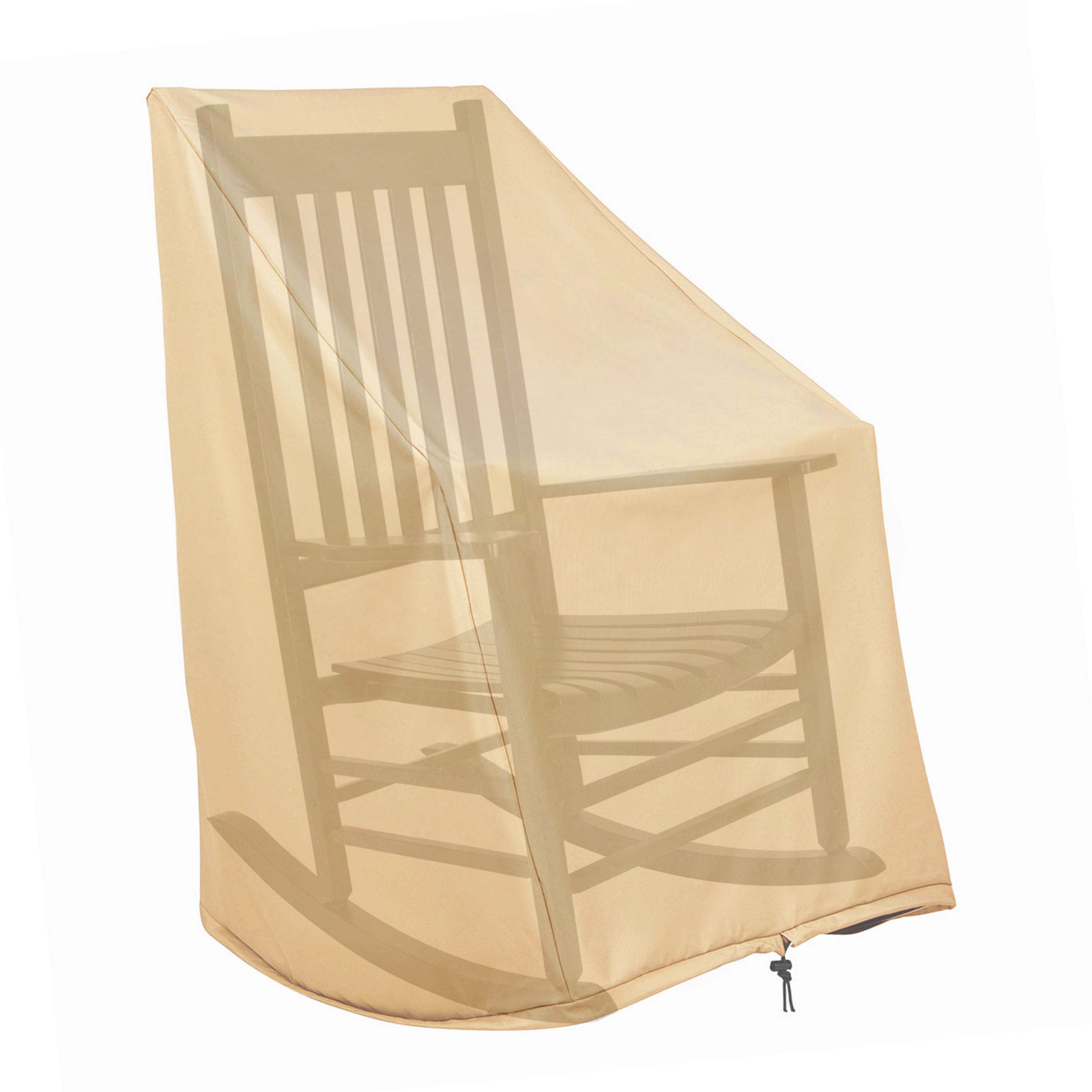 A beige patio cover with a curved bottom and drawstring zipper, shown draped over a wooden rocking chair against a white background. 