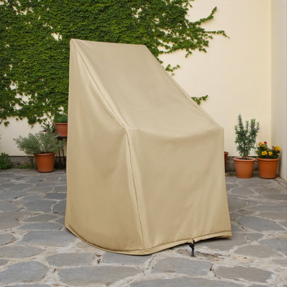 Khaki outdoor furniture cover on a stone patio with plants in the background 