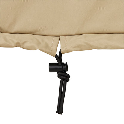 Close-up of khaki fabric with a black cord and knot on a white background 