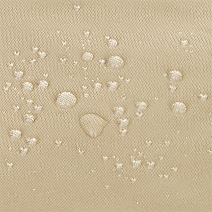 Close-up of a khaki textured fabric surface with clear water droplets beaded on top, demonstrating a water-repellent or waterproof finish. 