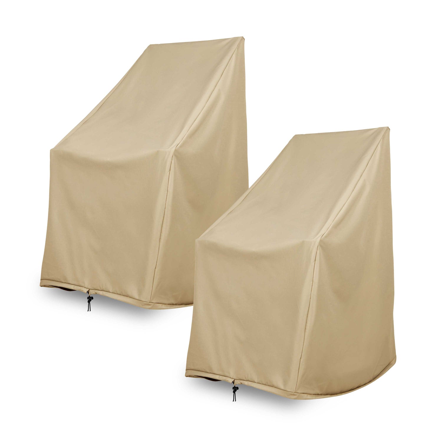Two khaki outdoor furniture covers shown on a plain white background. 