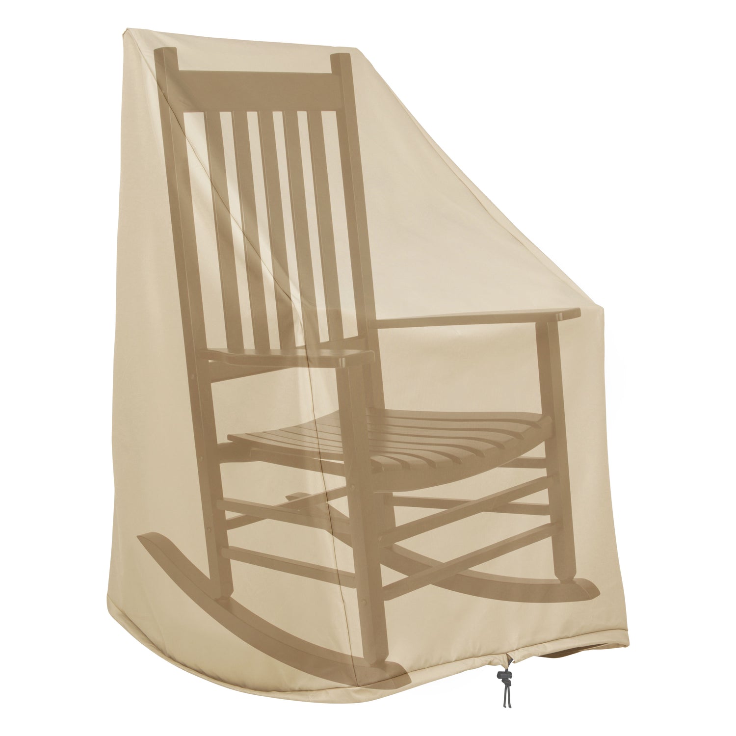 A khaki patio cover designed with a printed silhouette of a wooden rocking chair, shown draped over a matching wooden rocking chair on a plain white background. 
