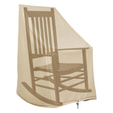 A khaki patio cover designed with a printed silhouette of a wooden rocking chair, shown draped over a matching wooden rocking chair on a plain white background. 