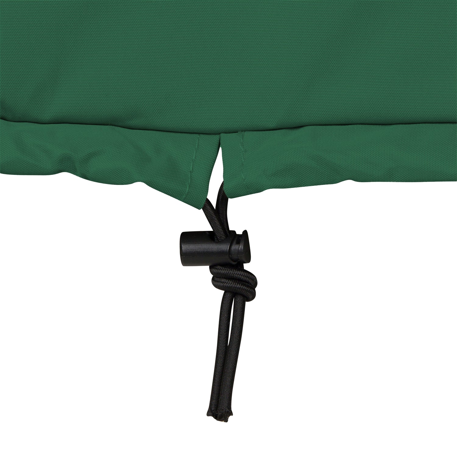 Close-up of a green rocker cover fabric with a black drawcord and toggle closure, shown against a plain white background.  