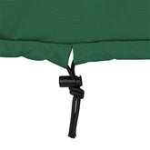 Close-up of a green rocker cover fabric with a black drawcord and toggle closure, shown against a plain white background.  