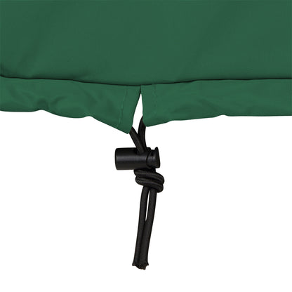 Close-up of a green rocker cover fabric with a black drawcord and toggle closure, shown against a plain white background.  