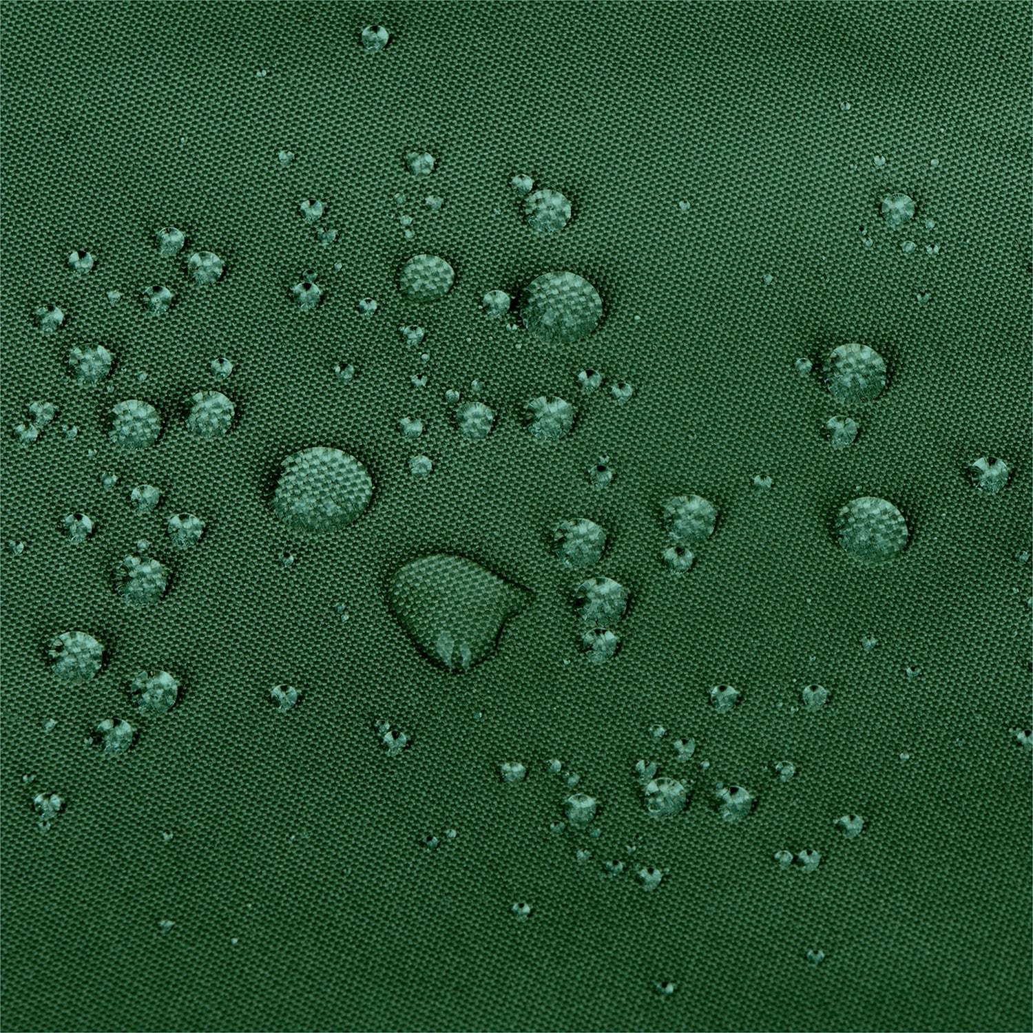 Close-up of a dark green textured fabric surface with scattered water droplets on top.  