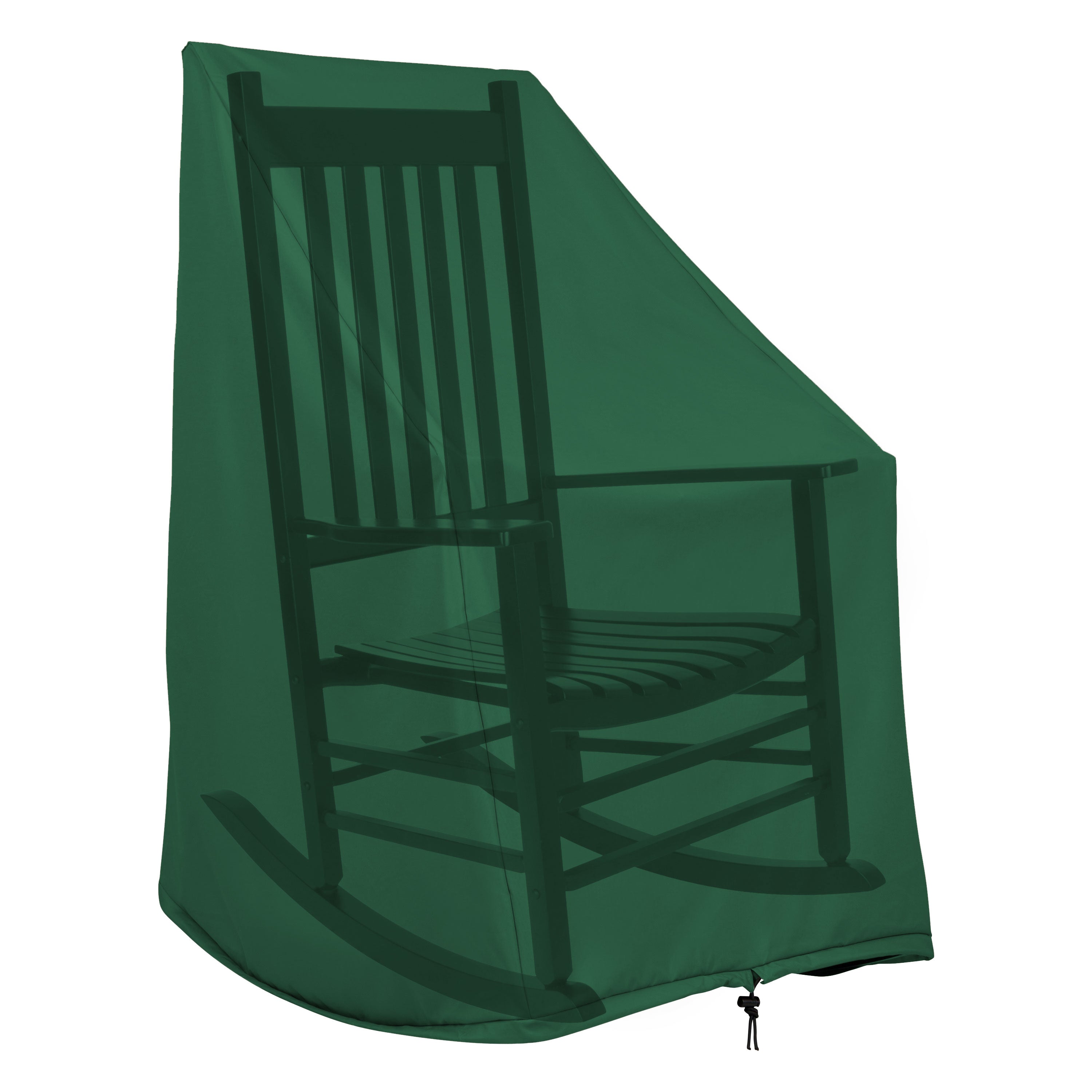 A dark green outdoor rocking chair cover shown draped over a black wooden rocking chair against a plain white background.  