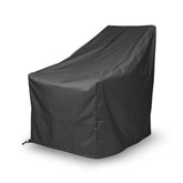 A dark black outdoor furniture cover shown on a white background, shaped to fit a high-backed lounge chair or bench. 
