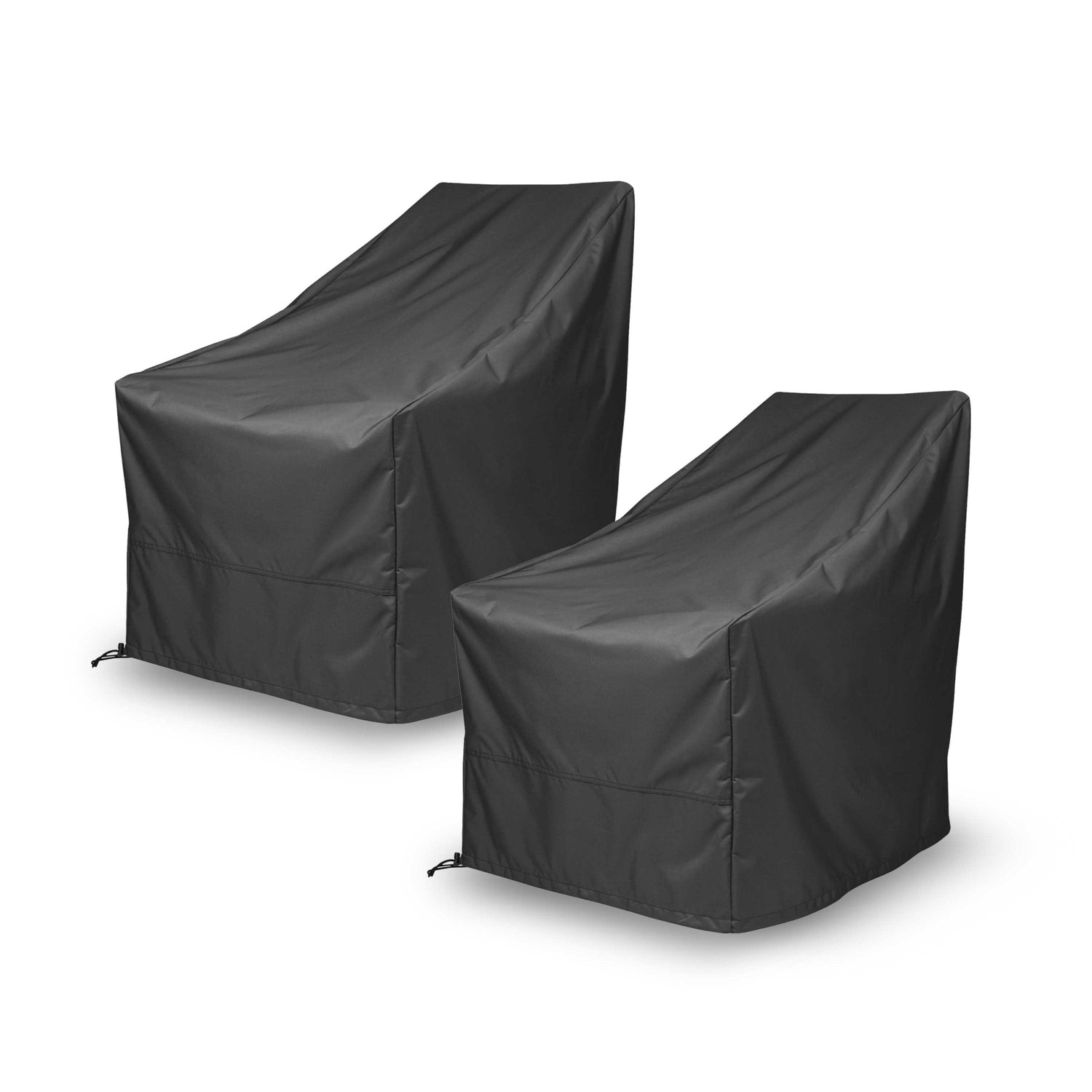 Two black outdoor furniture covers shown on a clean white background, each partially revealing the shape of an armchair underneath. 