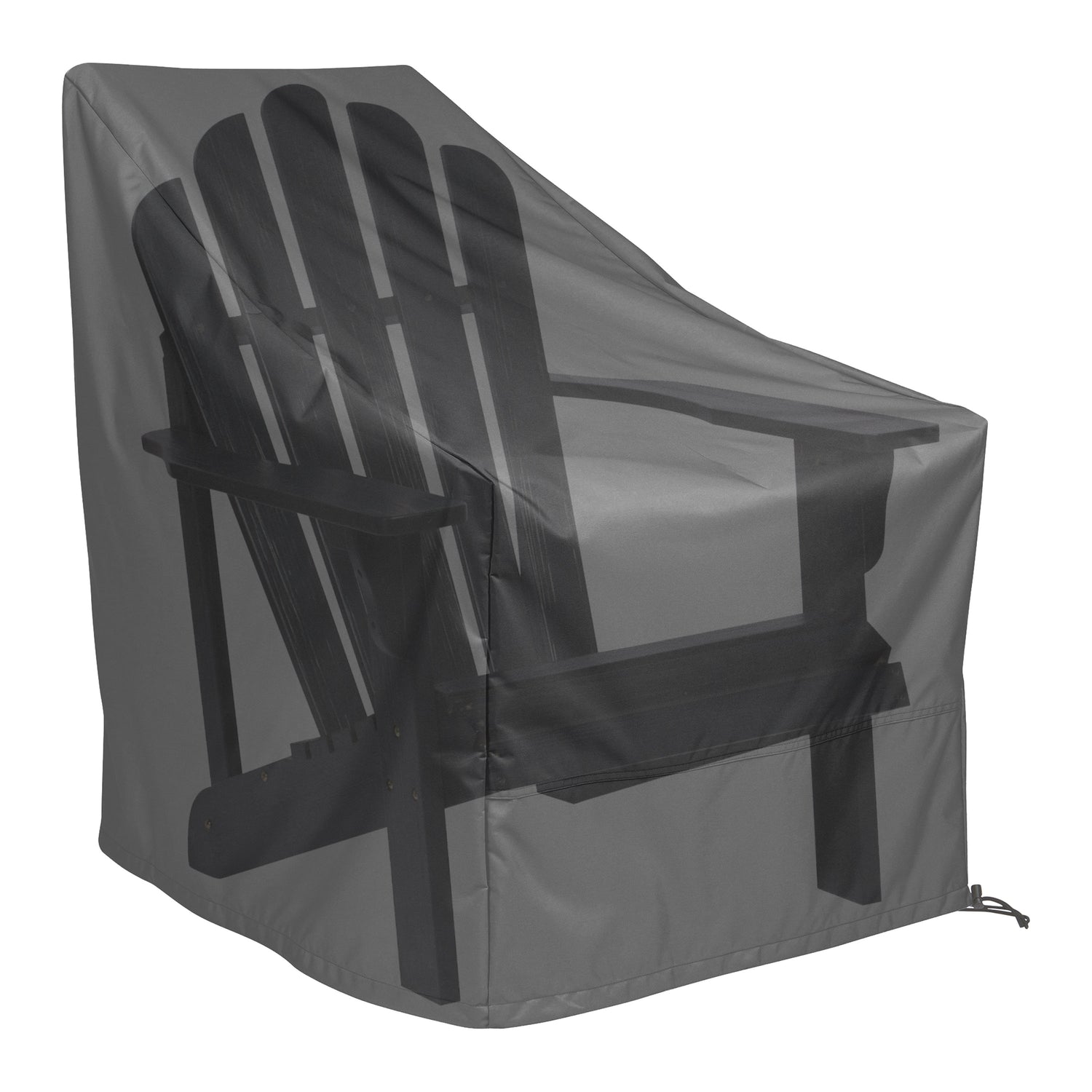 A black outdoor patio chair cover shown fitted over a black Adirondack-style chair on a plain white background. 