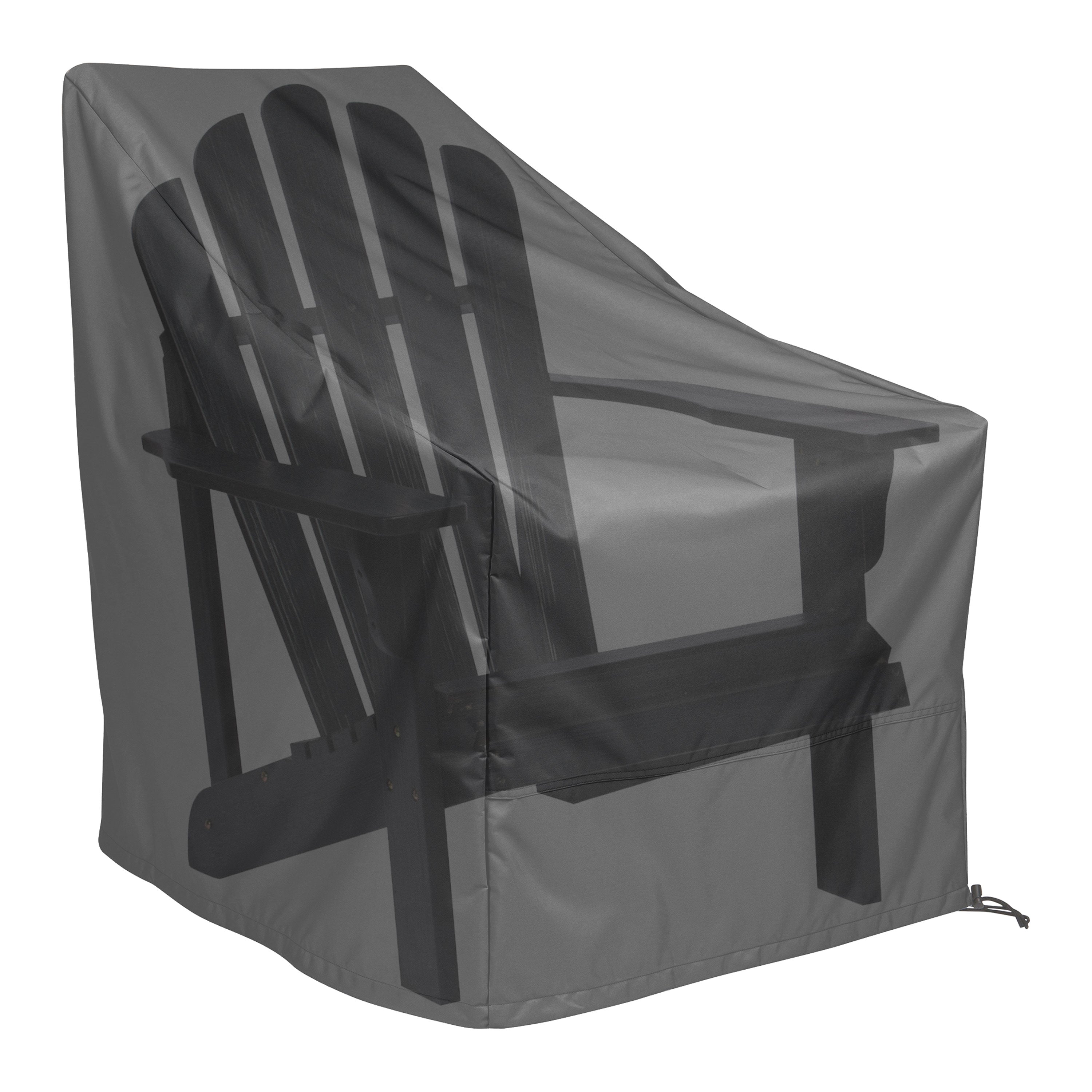A black outdoor patio chair cover shown fitted over a black Adirondack-style chair on a plain white background. 