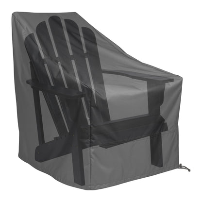 A black outdoor patio chair cover shown fitted over a black Adirondack-style chair on a plain white background. 