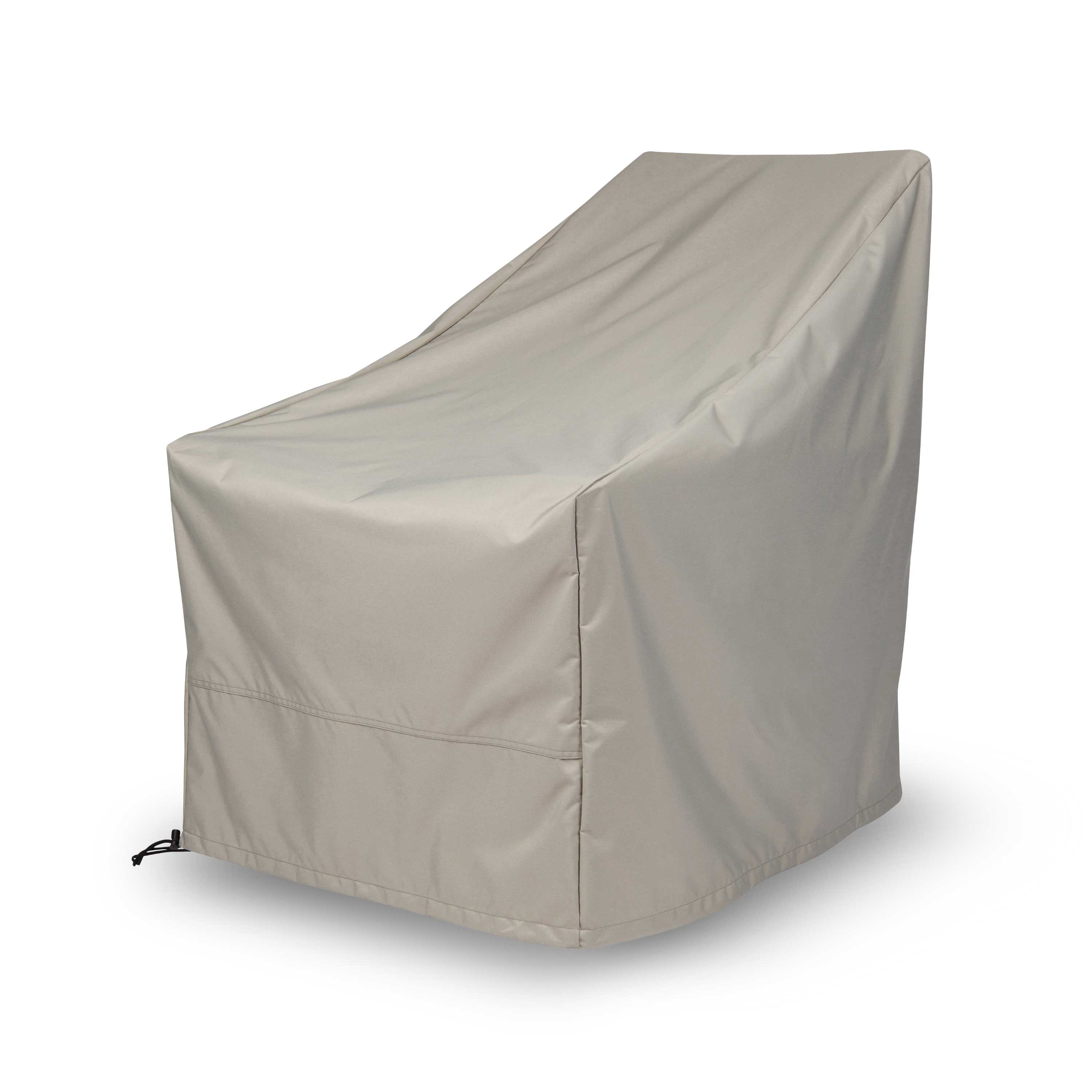 A light gray patio furniture cover shown on a white background, shaped like a modern armchair with a drawstring corner. 