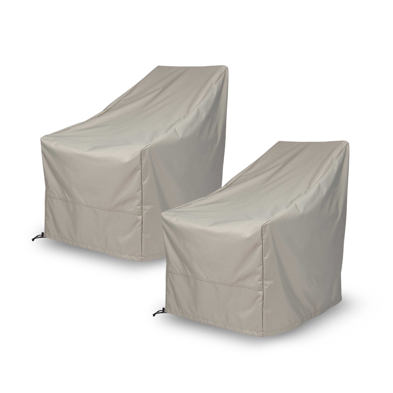 Two gray patio furniture covers shown on chairs against a plain white background. 