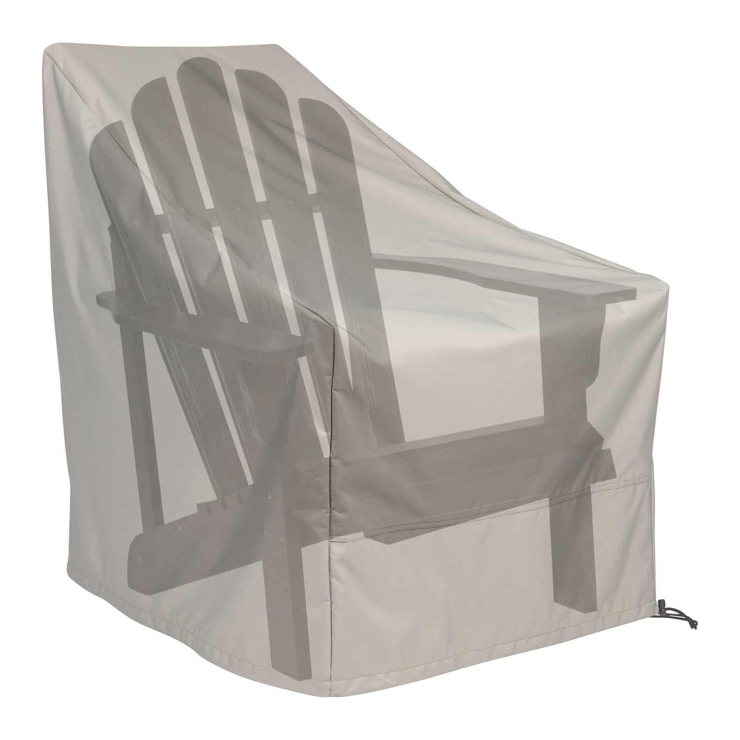 A semi-transparent light gray outdoor patio cover shown fitted over a dark gray Adirondack chair, on a plain white background. 