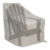 A semi-transparent light gray outdoor patio cover shown fitted over a dark gray Adirondack chair, on a plain white background. 
