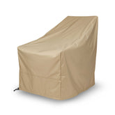 A tan patio furniture cover shown on a white background, shaped to fit a lounge chair or small bench. 