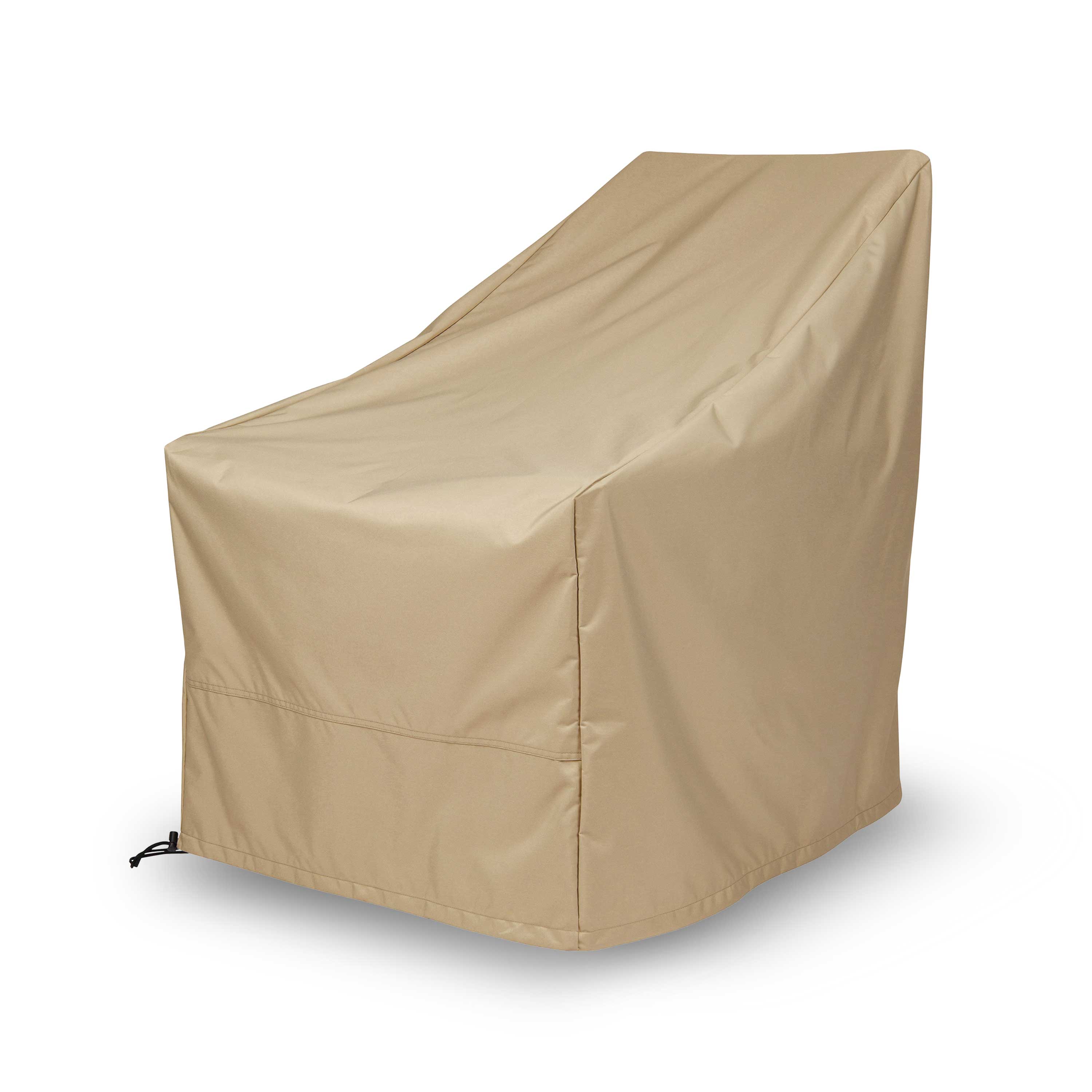 A tan patio furniture cover shown on a white background, shaped to fit a lounge chair or small bench. 