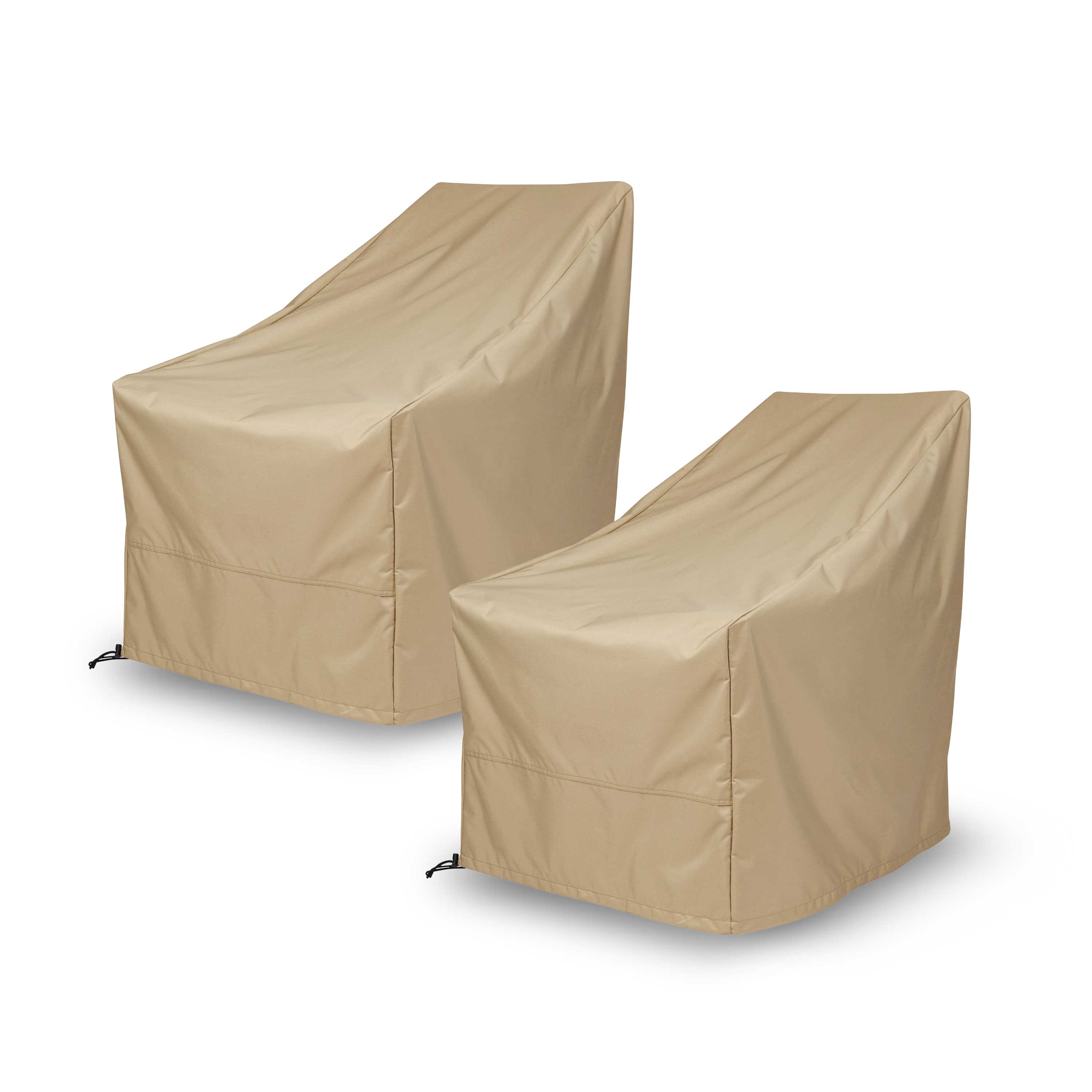Two khaki patio chair covers shown on white chairs against a plain white background. 