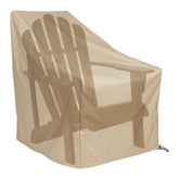 A khaki patio chair cover shown on a wooden Adirondack-style chair against a plain white background. 