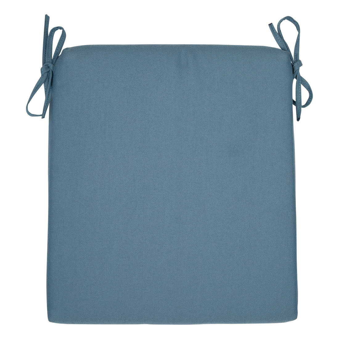 A square blue-gray fabric seat cushion with tie-on corners, shown flat against a solid white background. 