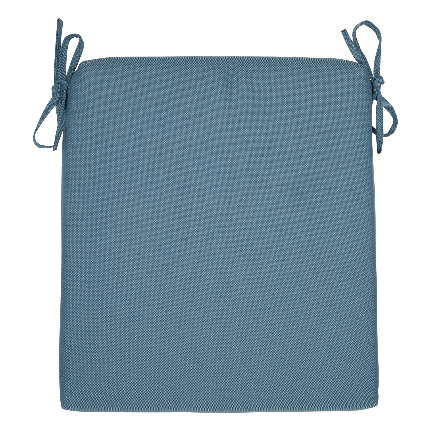 A square blue-gray fabric seat cushion with tie-on corners, shown flat against a solid white background. 