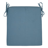A square blue-gray fabric seat cushion with tie-on corners, shown flat against a solid white background. 