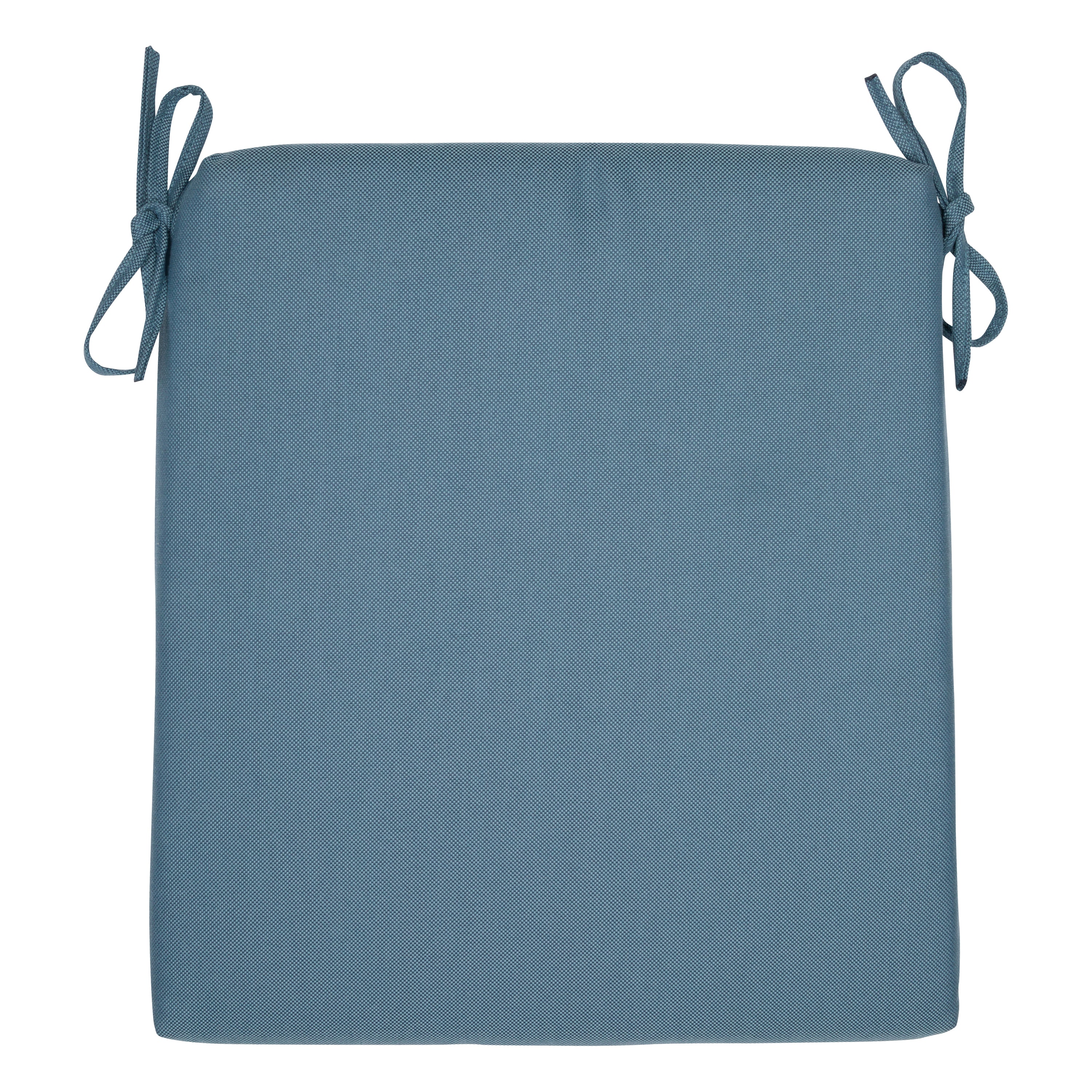 A square blue-gray fabric seat cushion with tie-on corners, shown flat against a solid white background. 