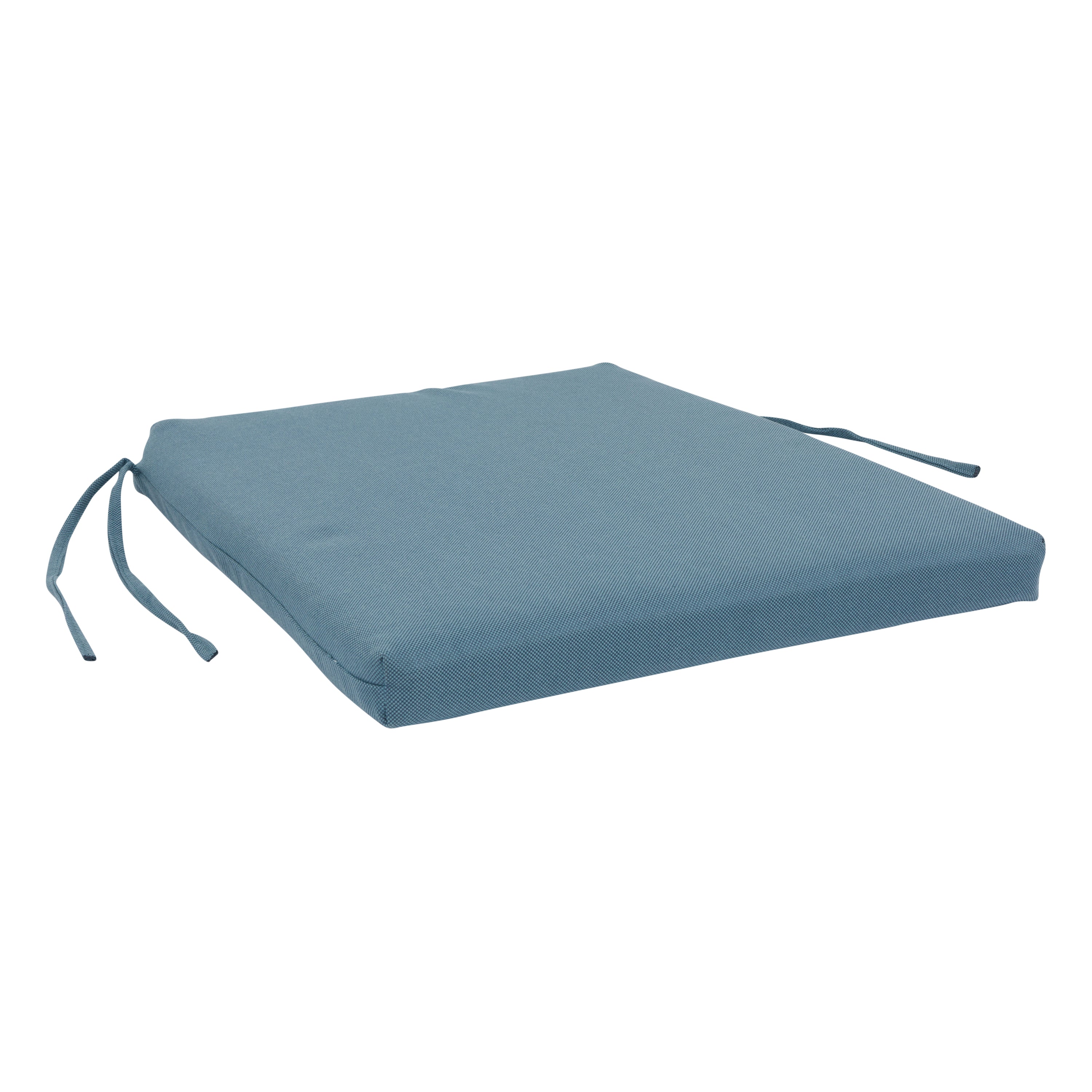 A square outdoor seat cushion in a dusty slate blue color, featuring two tie straps on the sides, shown against a plain white background. 