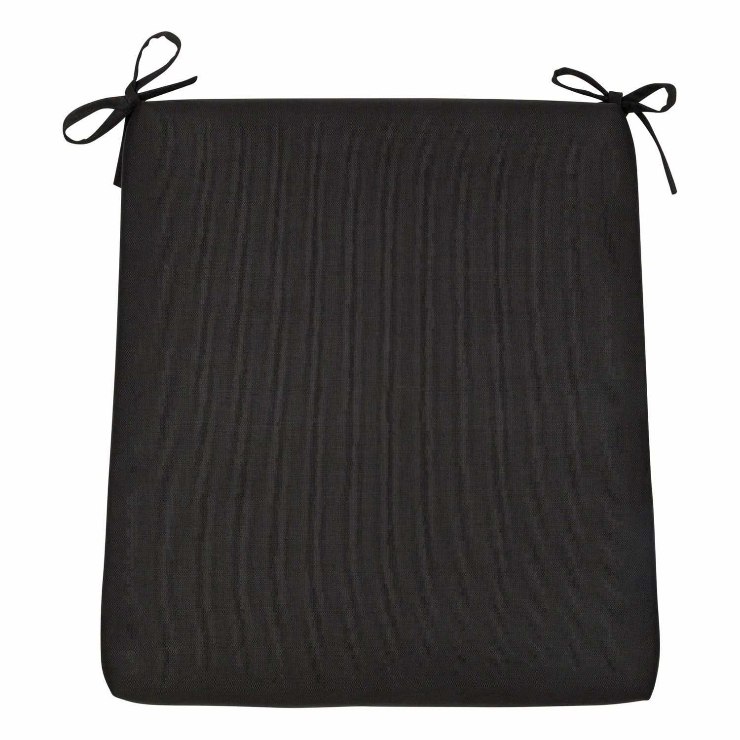 A square black outdoor seat cushion with tie-on corner straps, shown flat against a solid white background. 