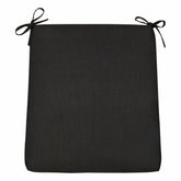 A square black outdoor seat cushion with tie-on corner straps, shown flat against a solid white background. 