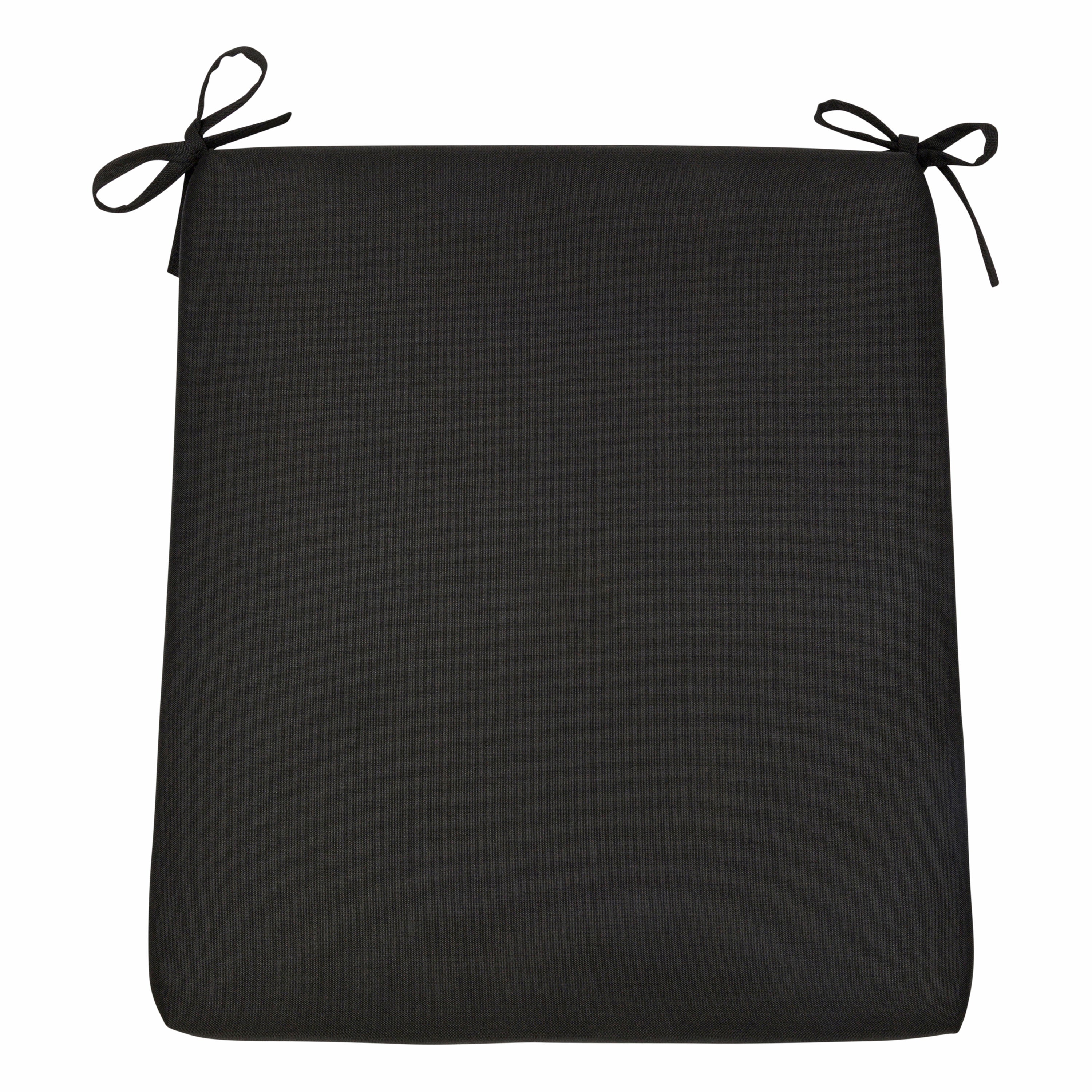 A square black outdoor seat cushion with tie-on corner straps, shown flat against a solid white background. 