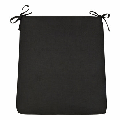 A square black outdoor seat cushion with tie-on corner straps, shown flat against a solid white background. 