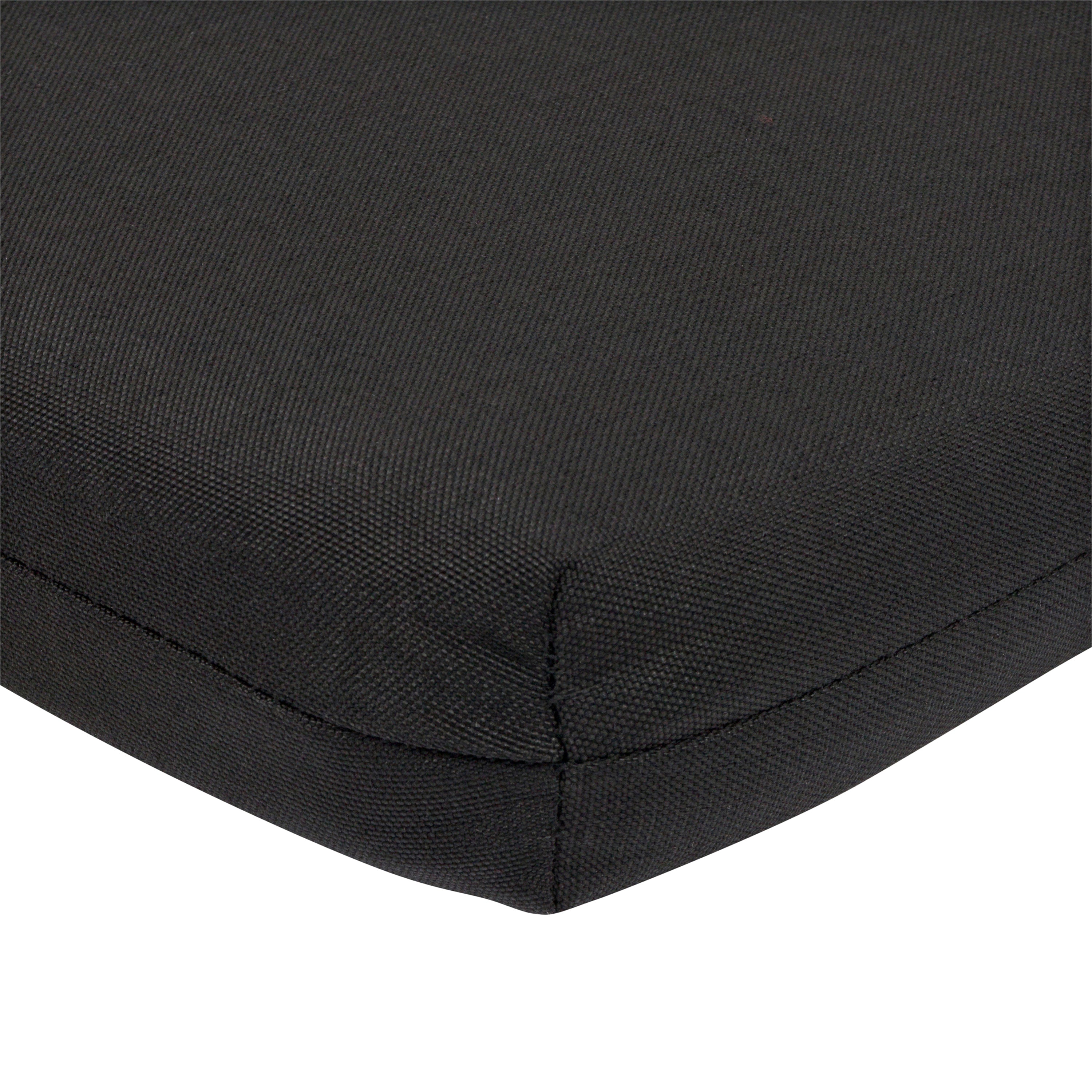 Close-up of a black woven fabric cushion or pad corner with visible stitching on a white background. 
