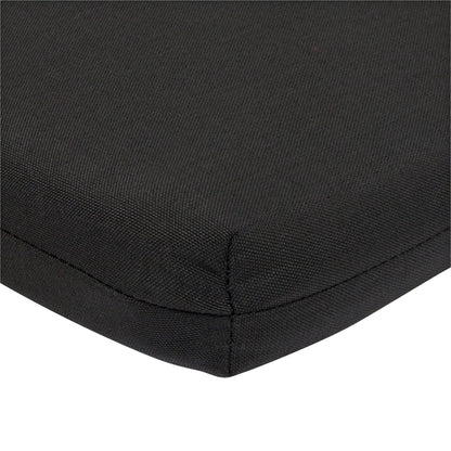 Close-up of a black woven fabric cushion or pad corner with visible stitching on a white background. 