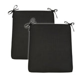 Two black rectangular seat cushions with tie straps at the corners, shown overlapping on a plain white background. 