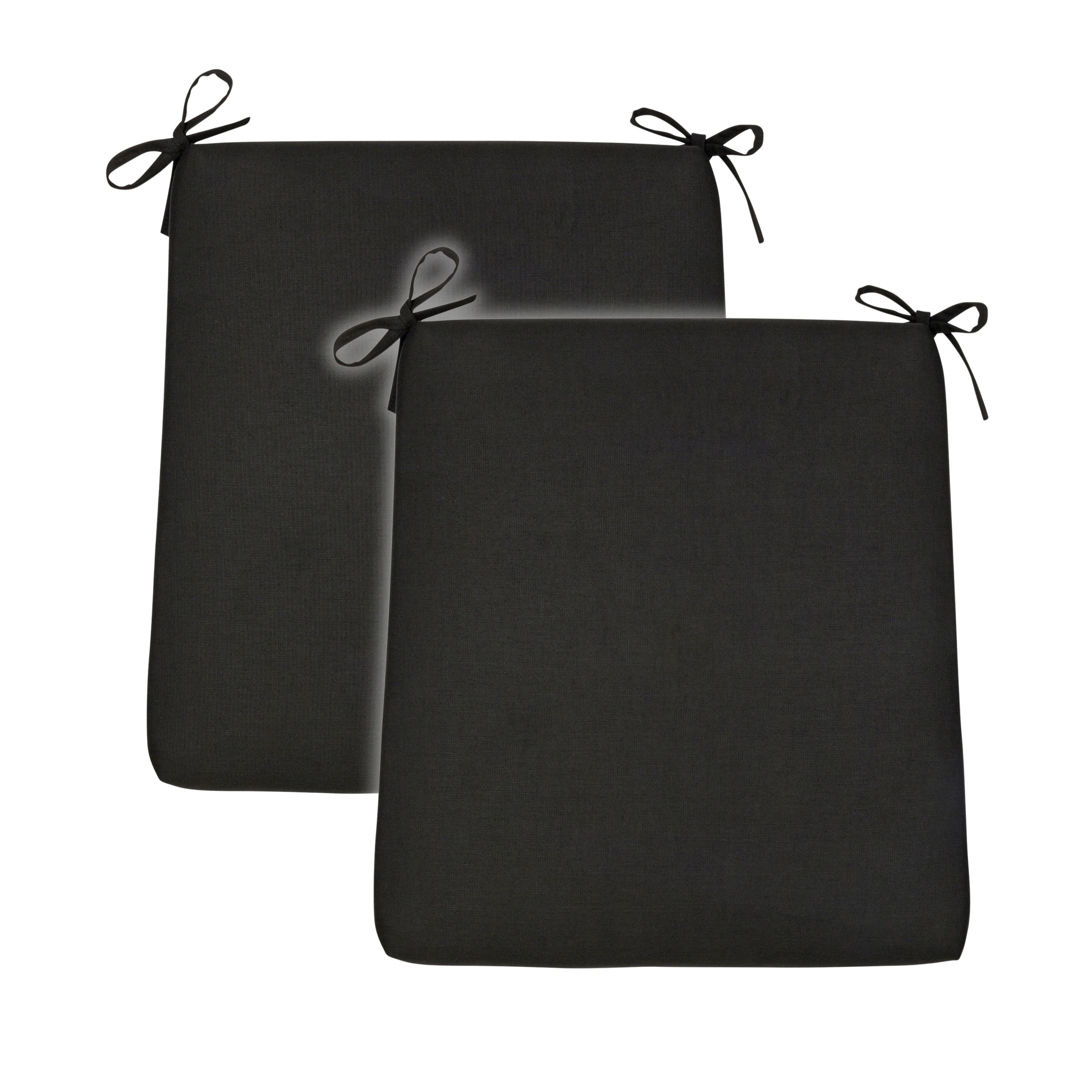 Two black rectangular seat cushions with tie straps at the corners, shown overlapping on a plain white background. 