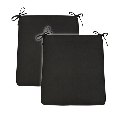 Two black rectangular seat cushions with tie straps at the corners, shown overlapping on a plain white background. 